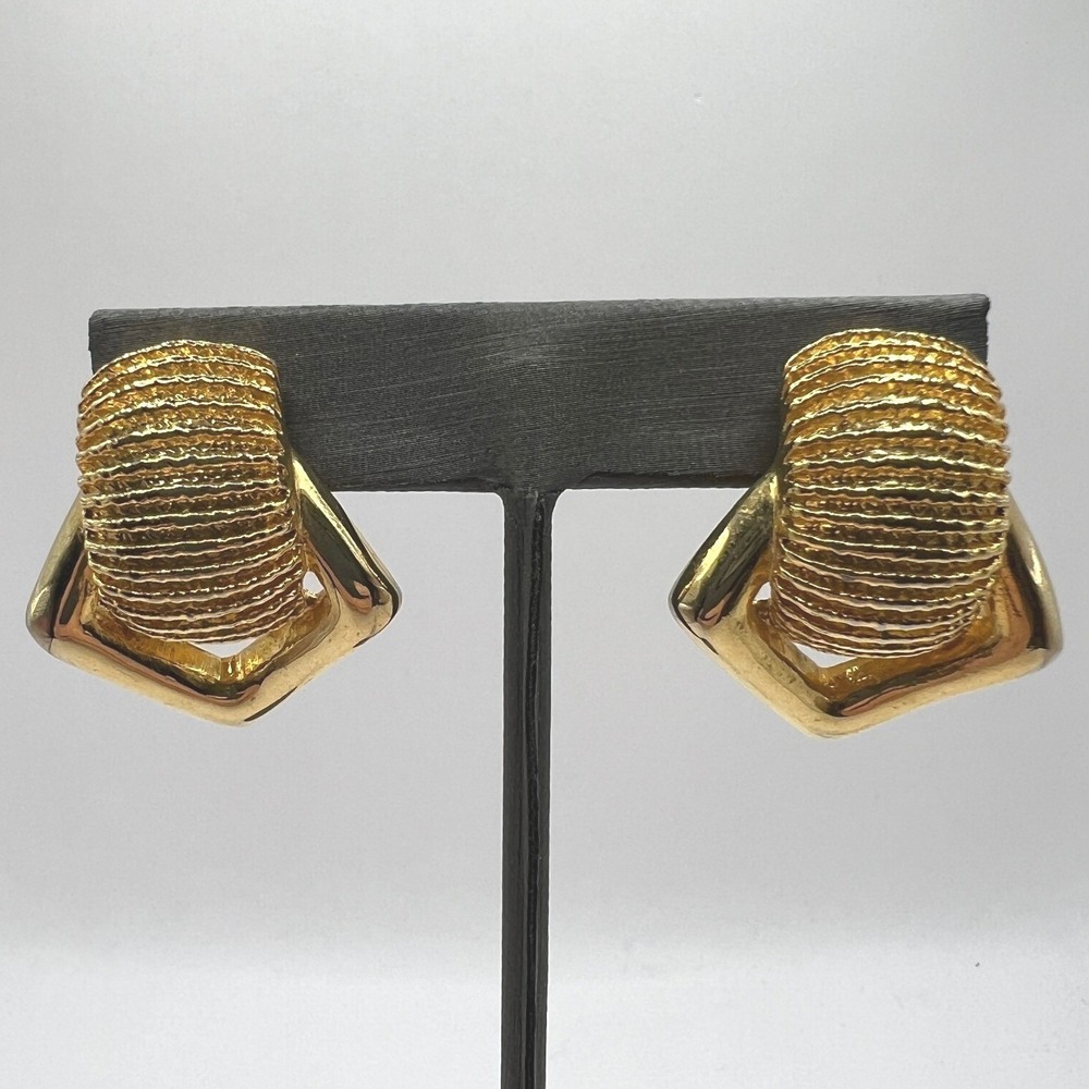 Vintage Clip On Earrings Door Knocker Brushed Shiny Gold Tone